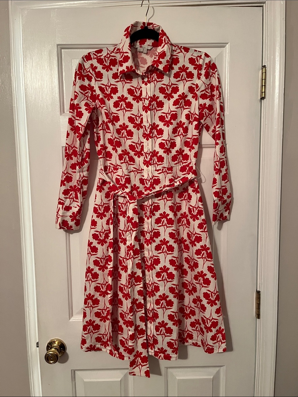 Boden 100% Cotton Isidora Red and White Floral Midi Shirt Dress